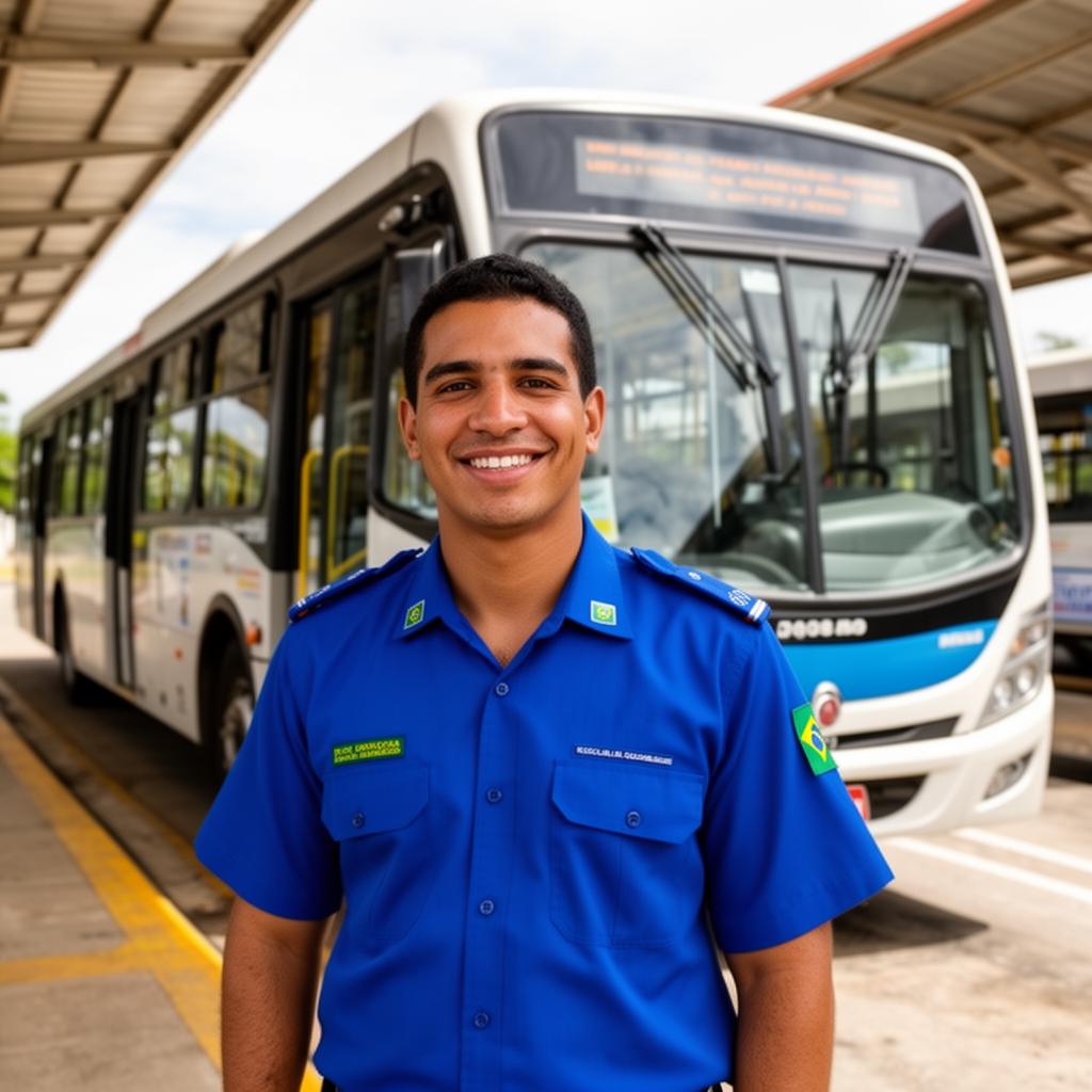 Motorista de ônibus uniformizado em terminal urbano
