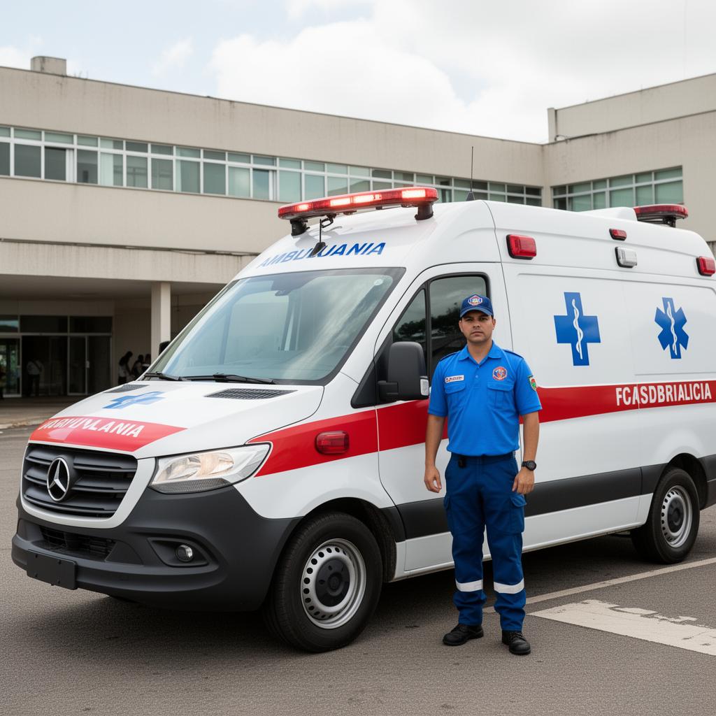 Ambulância brasileira com motorista socorrista em frente a hospital