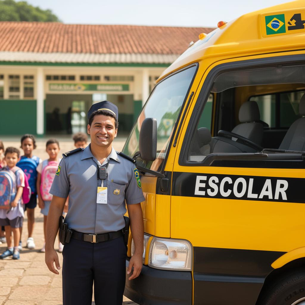 Motorista profissional ao lado de van escolar amarela